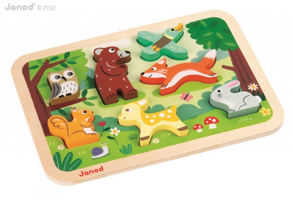 Janod Fa kirakós puzzle a legkisebbek számára, Erdei állatok, 1 éves kortól, 7 részes 